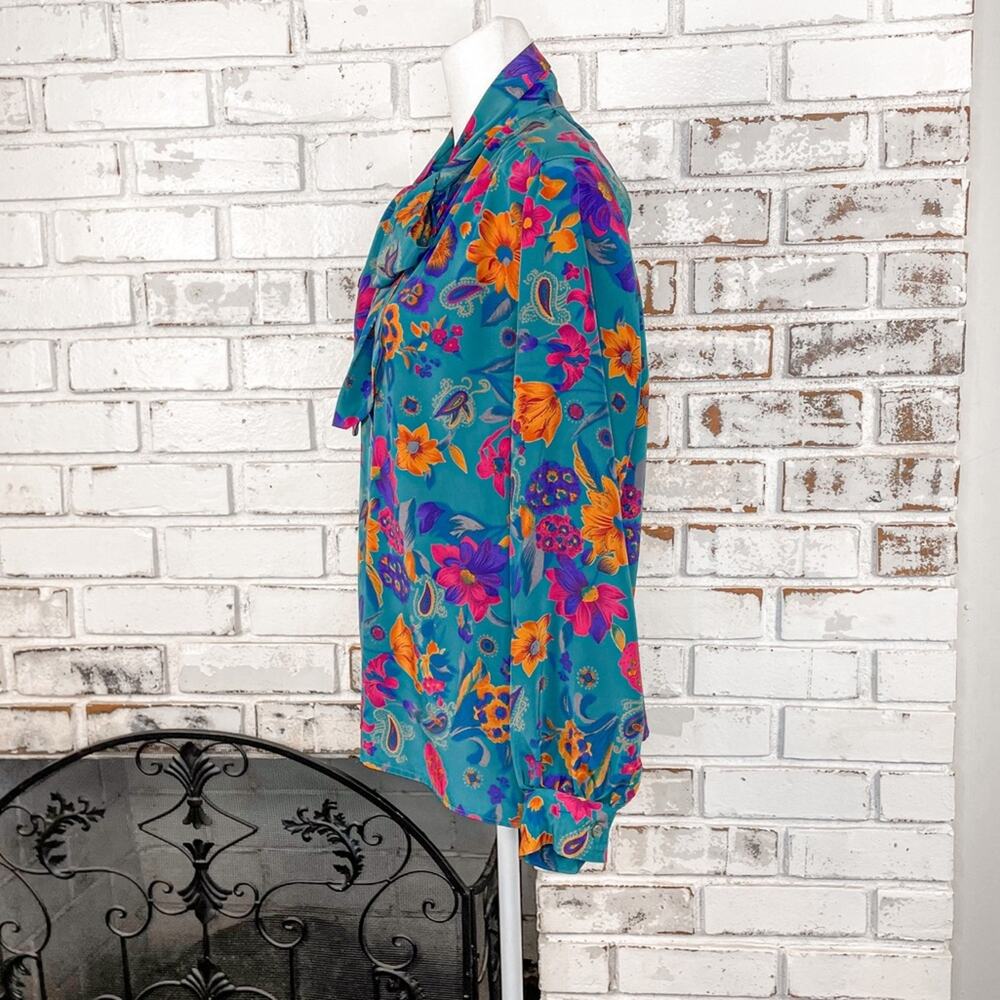 Vintage 80s Alfred Dunner Teal Pink Orange Floral Tie Neck Button Down Top 14 - Picture 7 of 9